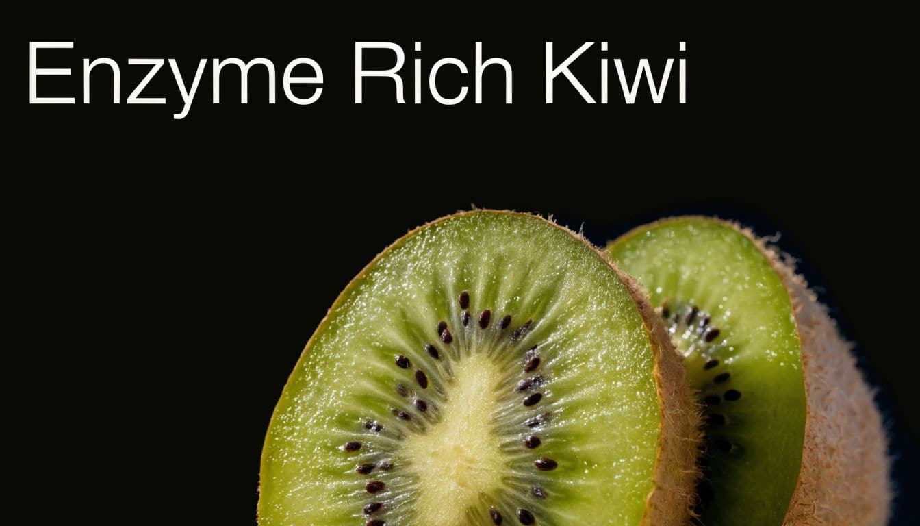 A close-up view of fresh green kiwi slices with black seeds isolated on a dark background.