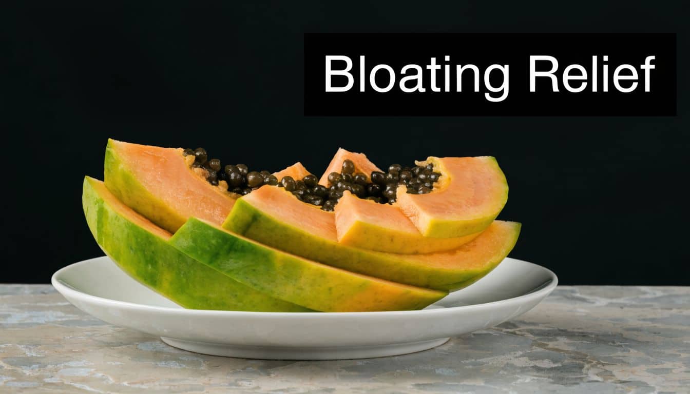 Slices of fresh ripe papaya with seeds arranged on a white plate against a black background.