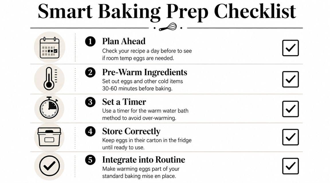 A checklist for baking preparation, illustrating five steps to correctly bring eggs to room temperature.