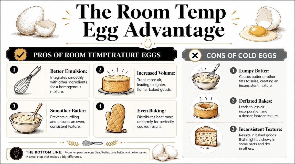 An infographic titled The Room Temp Egg Advantage, illustrating the benefits of room temperature eggs over cold eggs.