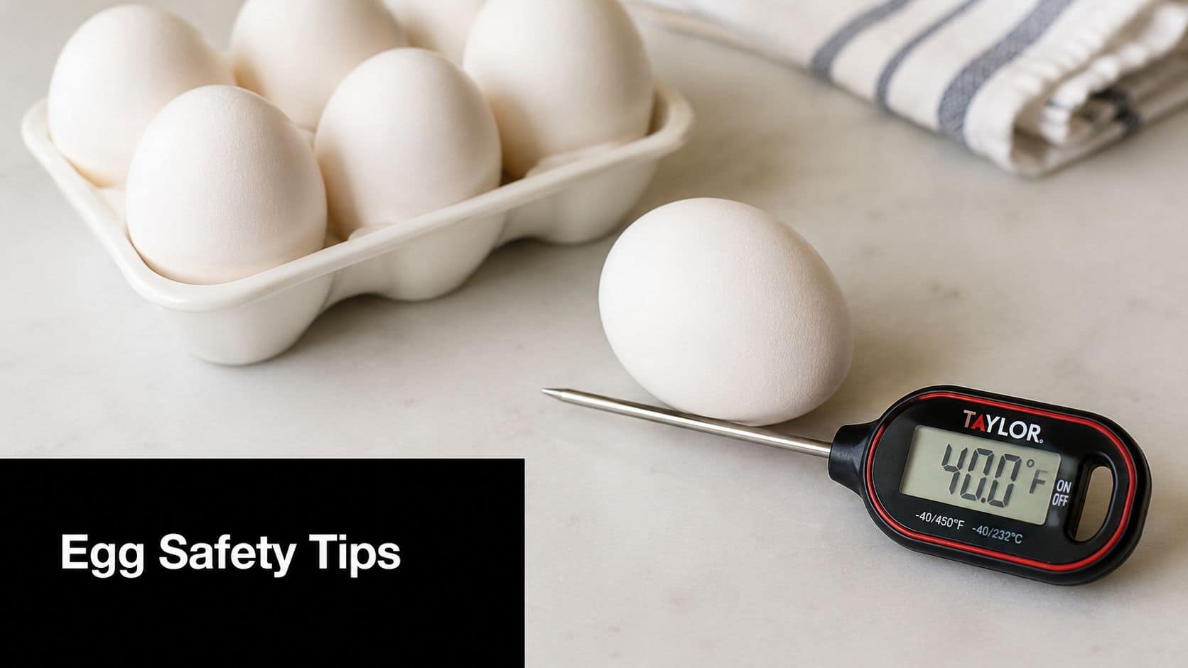 A digital kitchen thermometer rests next to a white egg, displaying forty degrees Fahrenheit for food safety.