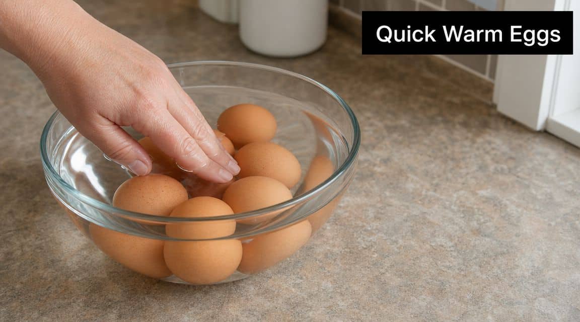A hand placing brown eggs into a clear glass bowl of water to warm them up quickly.