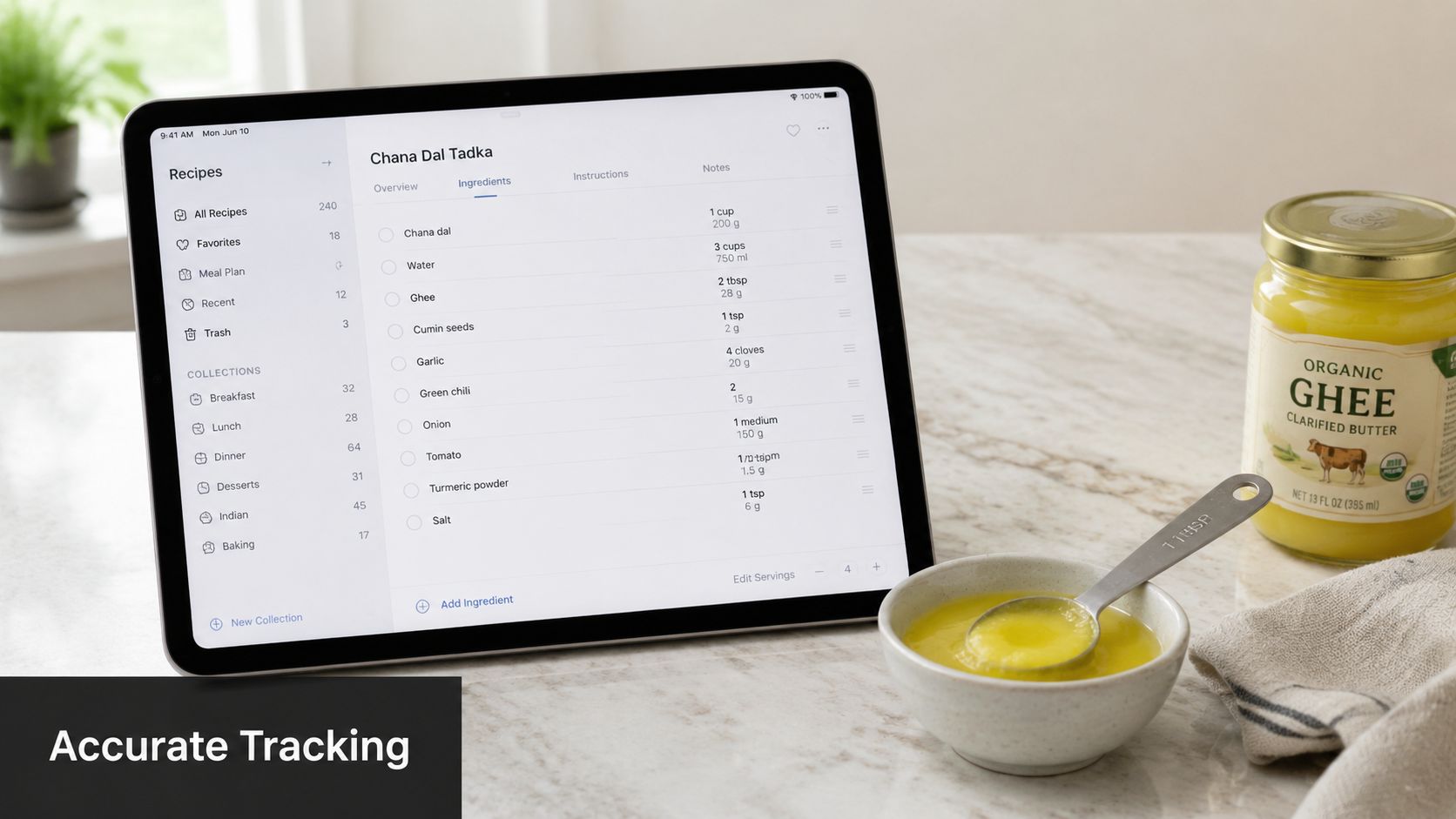An iPad display showing a recipe app with a list of ingredients next to a bowl of ghee.