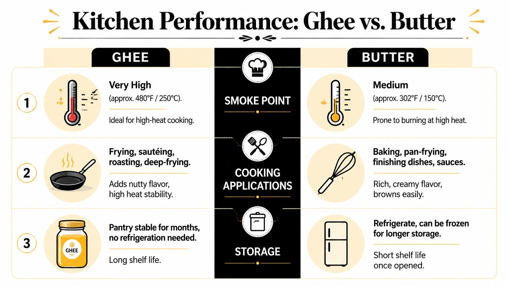 A comparison chart showing the differences between ghee and butter regarding smoke point, cooking uses, and storage.