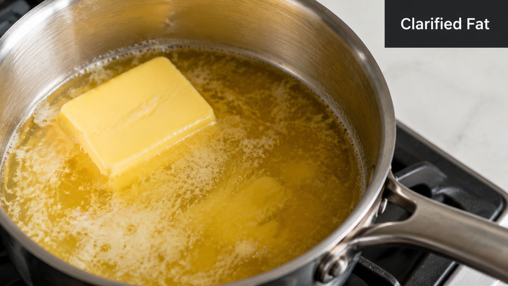 A square block of yellow butter melting in a silver saucepan on a kitchen stove burner.