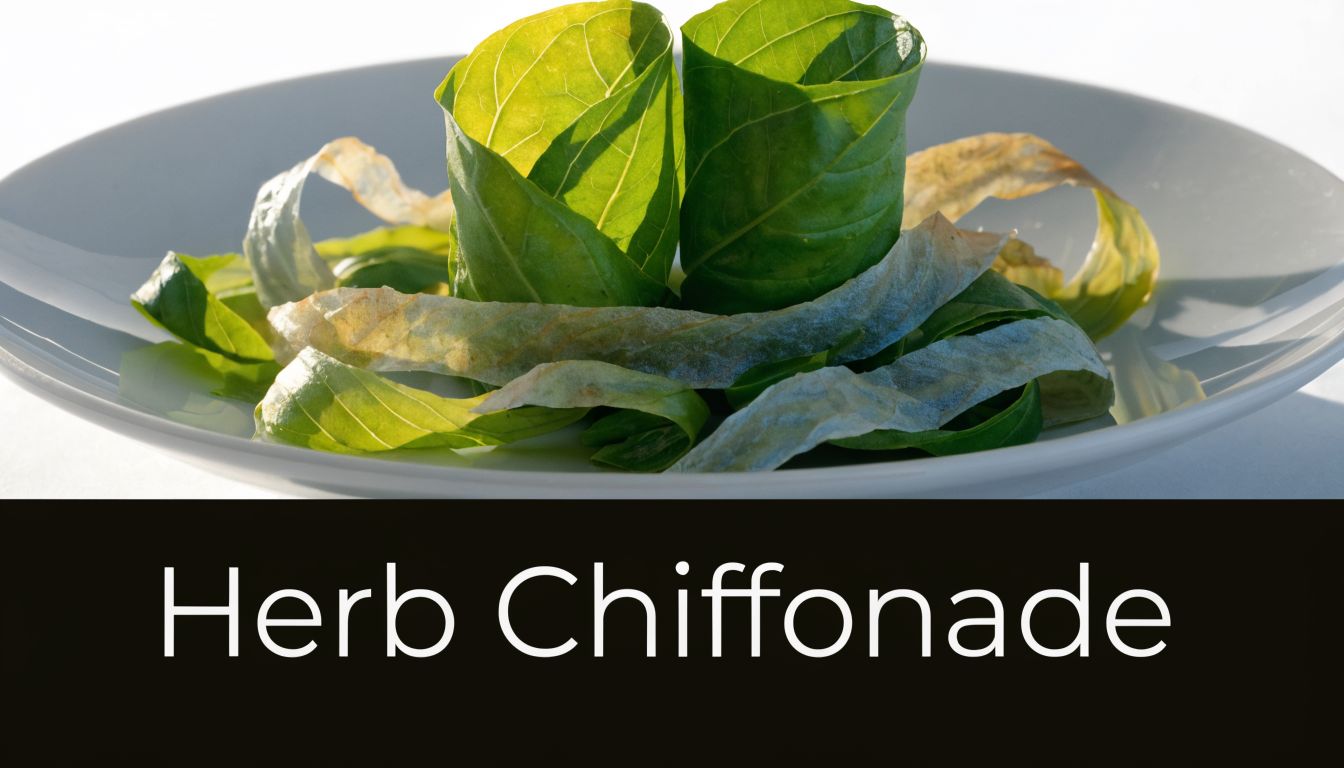 A close up view of fresh green herb leaves arranged aesthetically on a white plate.