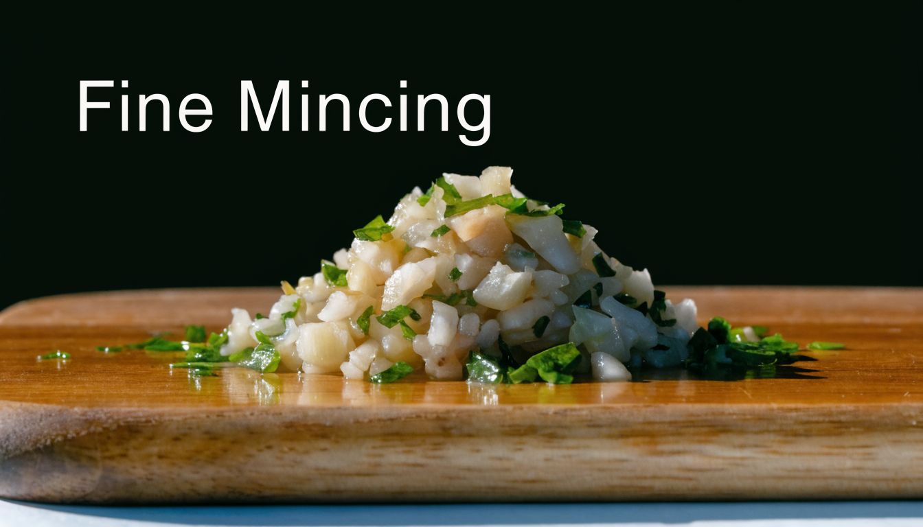 A heap of finely minced garlic and fresh green herbs on a wooden cutting board against black background.