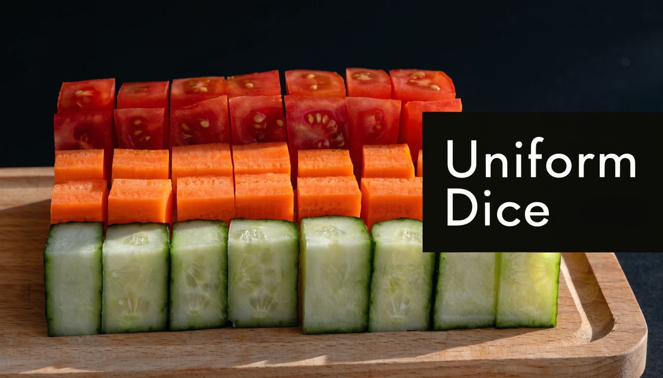 A wooden board features rows of uniform cucumber, carrot, and tomato dices arranged neatly for professional food preparation.