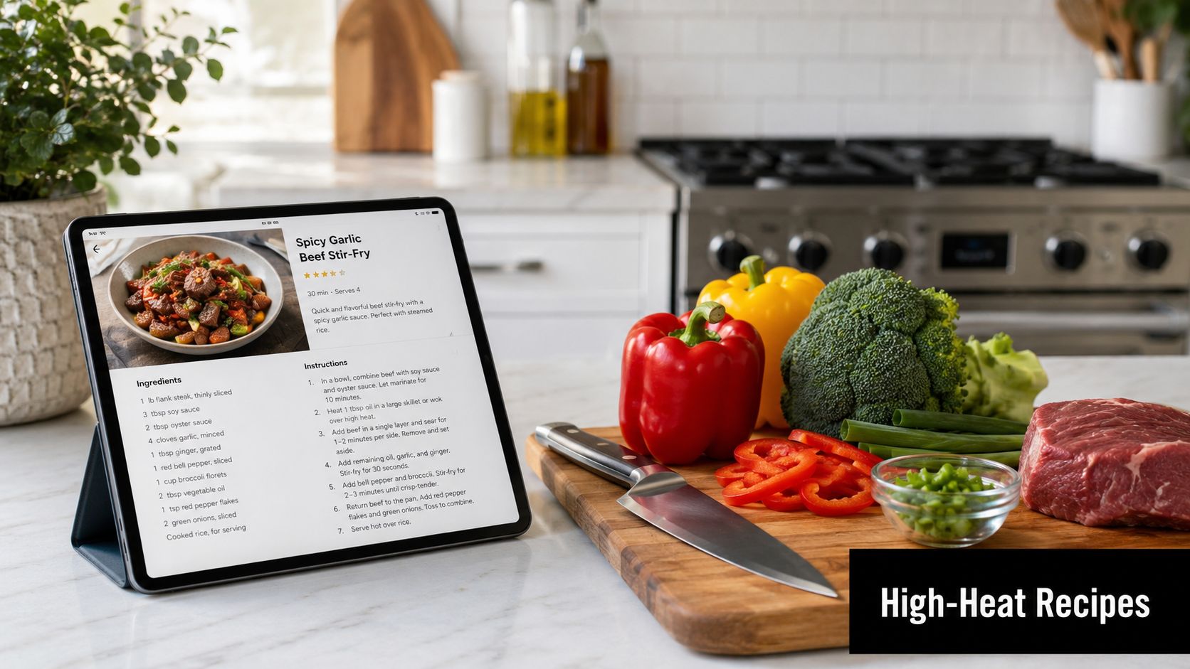 A digital tablet displaying a Spicy Garlic Beef Stir-Fry recipe next to fresh ingredients and a knife.