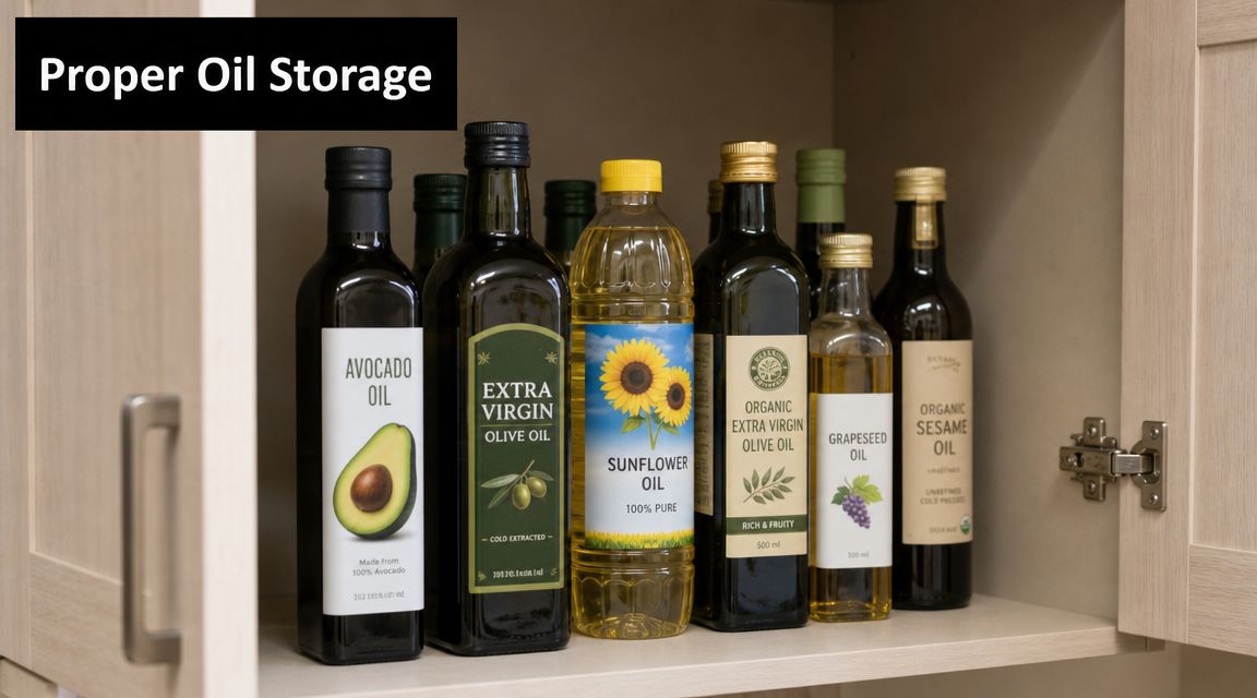 A collection of various cooking oils stored neatly inside a kitchen cabinet, including avocado and olive oil.