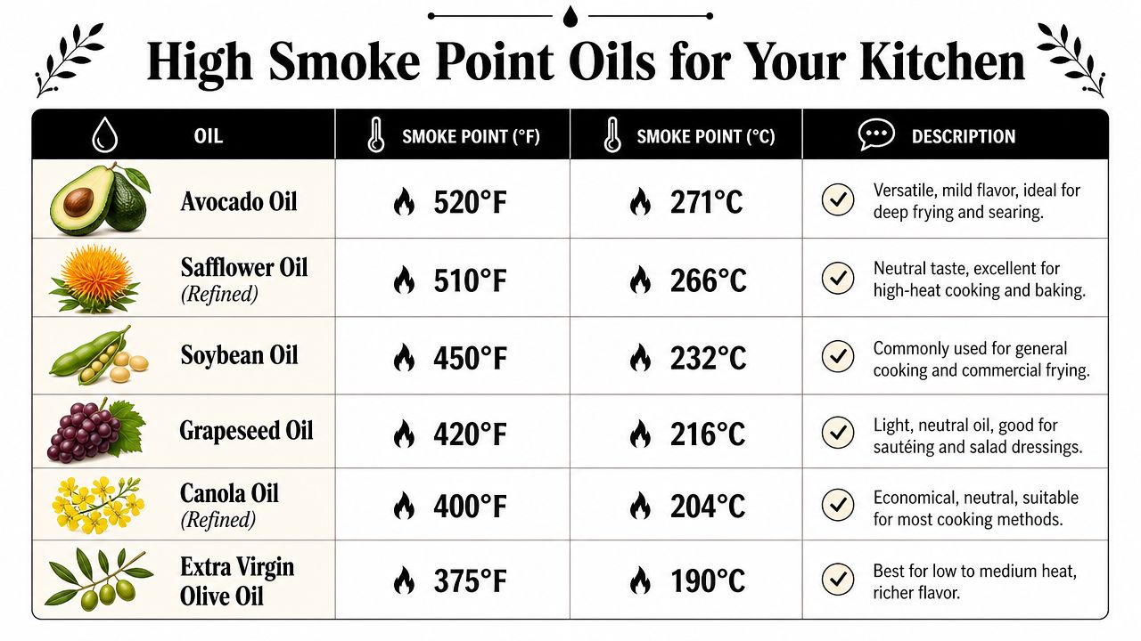 A chart comparing smoke points in Fahrenheit and Celsius for various common cooking oils.