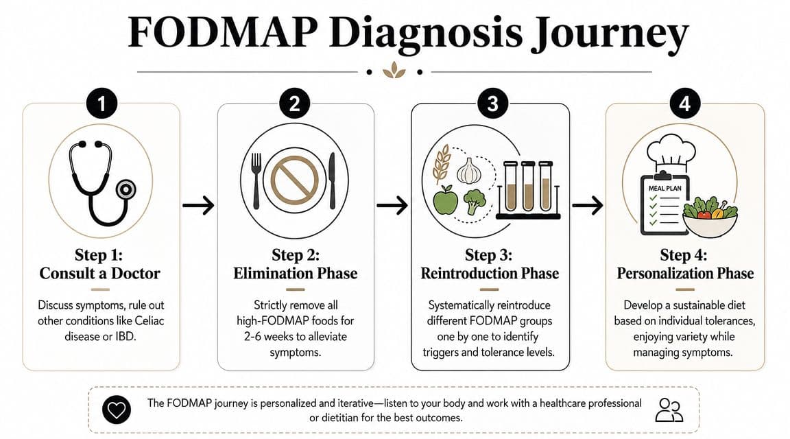 A four-step infographic illustrating the medical journey for diagnosing FODMAP intolerances, starting from medical consultation to personalization.