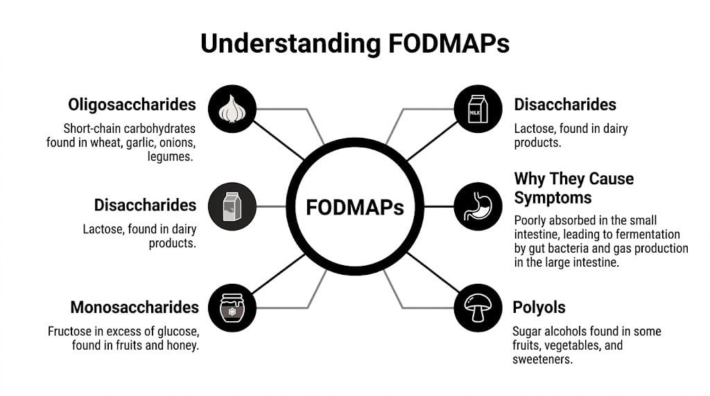 A diagram explaining FODMAPs, categorizing carbohydrates, and describing why they cause digestive symptoms and gas.