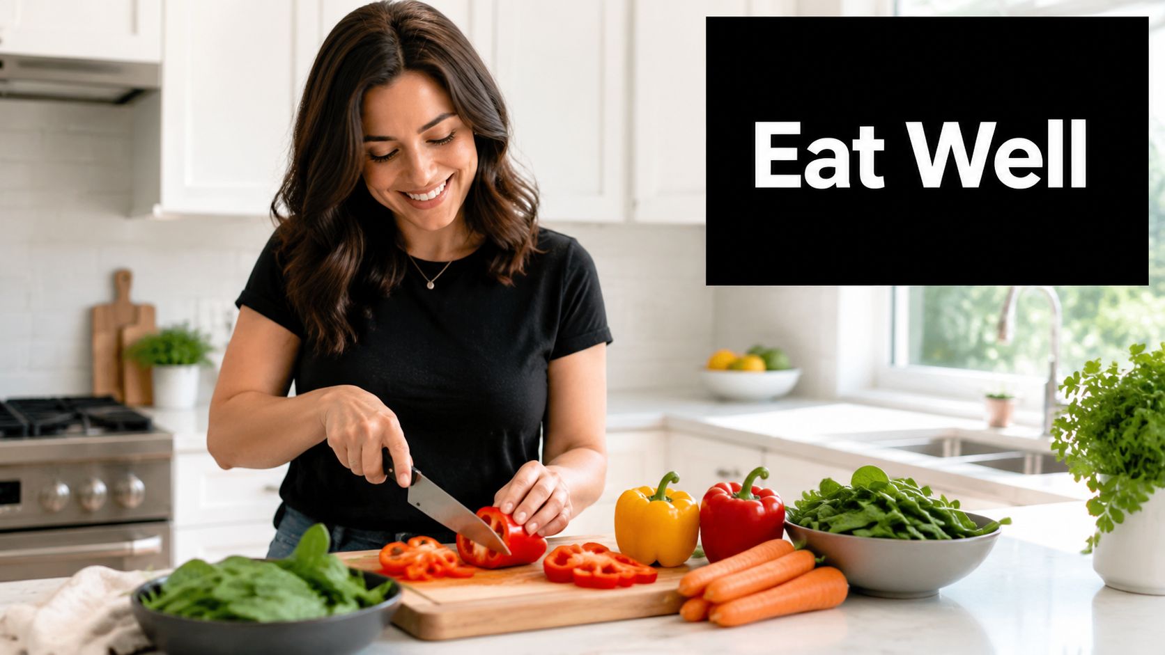 A woman smiling as she slices a red bell pepper on a cutting board in a kitchen.