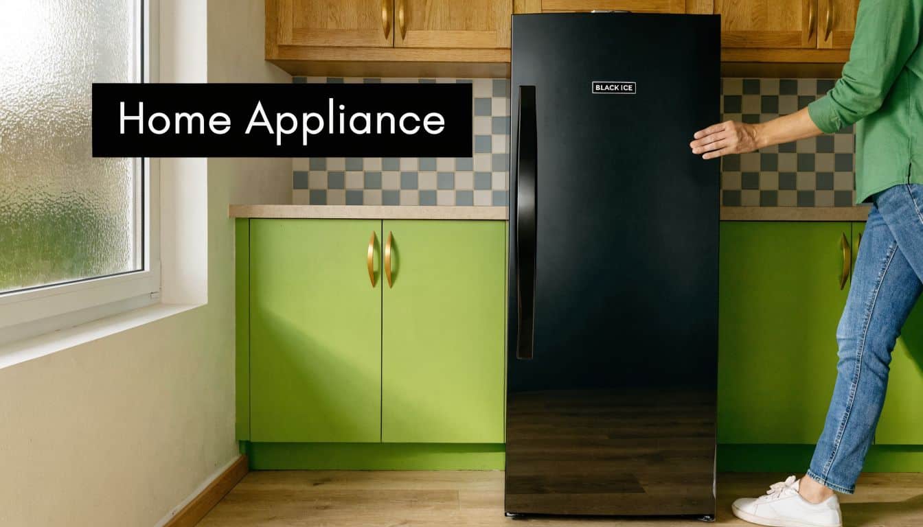 A person opening a sleek black refrigerator in a bright kitchen with vibrant green cabinets.