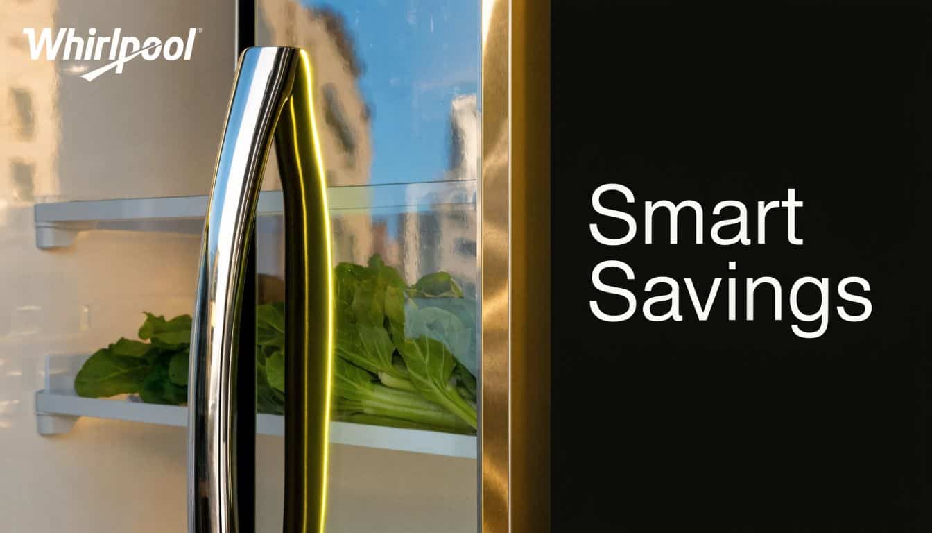 A close-up view of a sleek modern refrigerator handle with fresh green vegetables visible on the shelf inside.