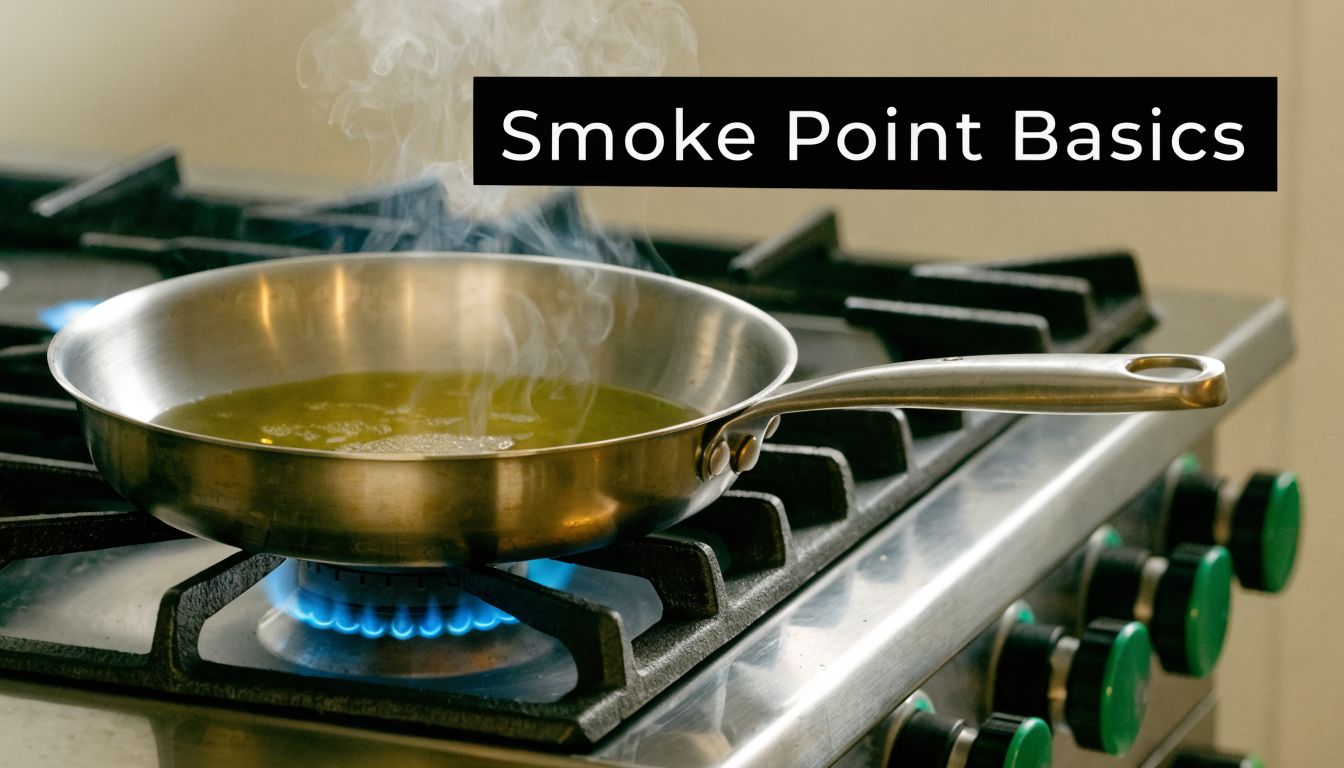 A stainless steel frying pan with shimmering oil heating on a gas stove, emitting thin wisps of smoke.