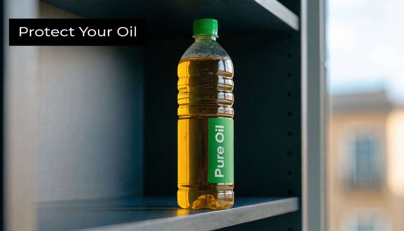 A plastic bottle of cooking oil with a green label sitting on a shelf in a pantry.