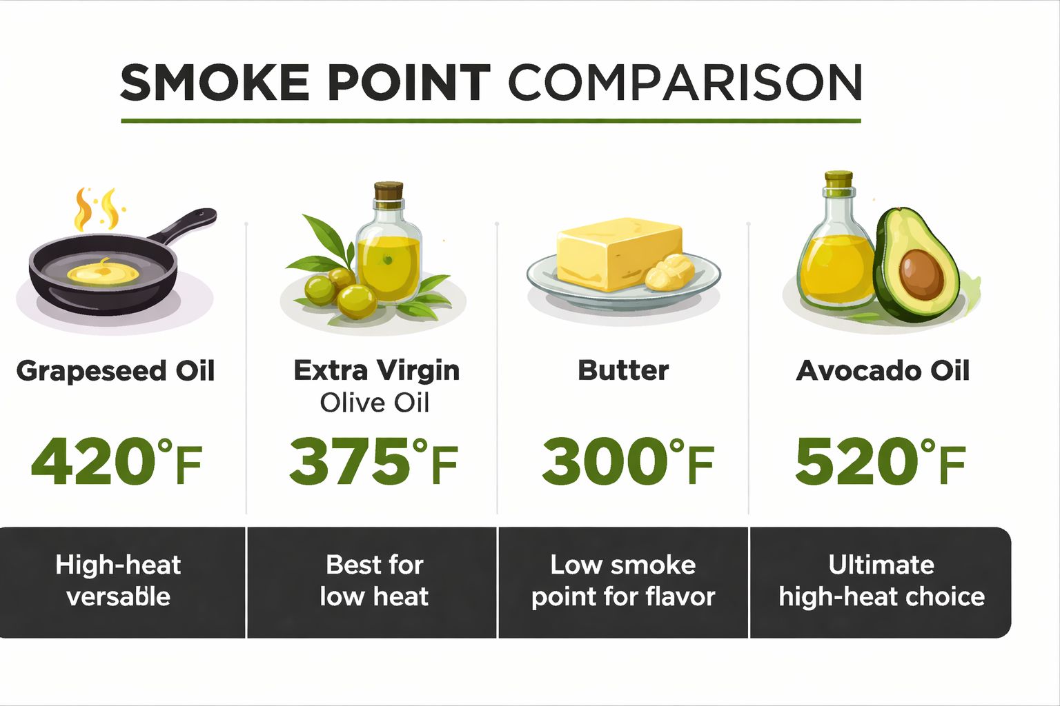 A comparison chart showing the smoke points for grapeseed oil, extra virgin olive oil, butter, and avocado oil.