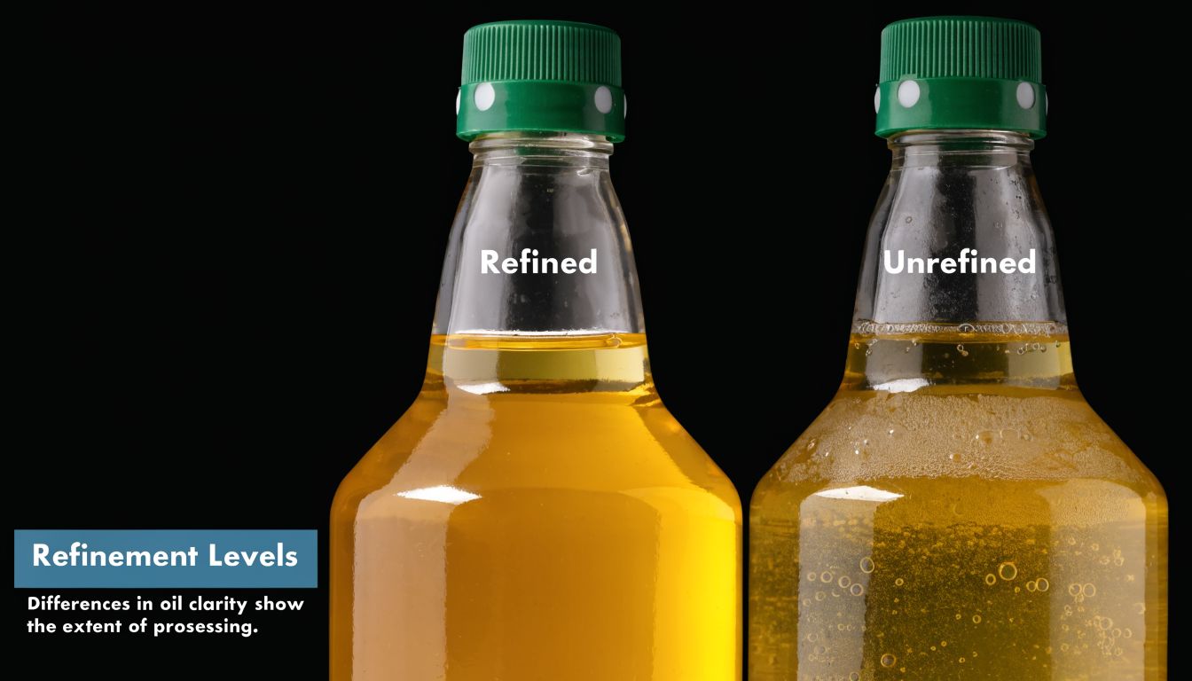 Two bottles of oil comparing refined and unrefined oil side by side to show clarity differences.