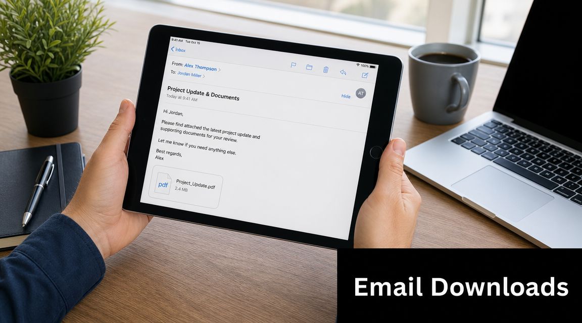 A person holding a digital tablet displaying an email with a PDF file attachment for download.
