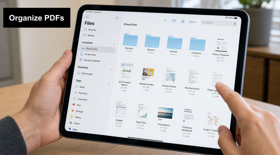 A person using an iPad to organize various document files within the Apple Files application interface.