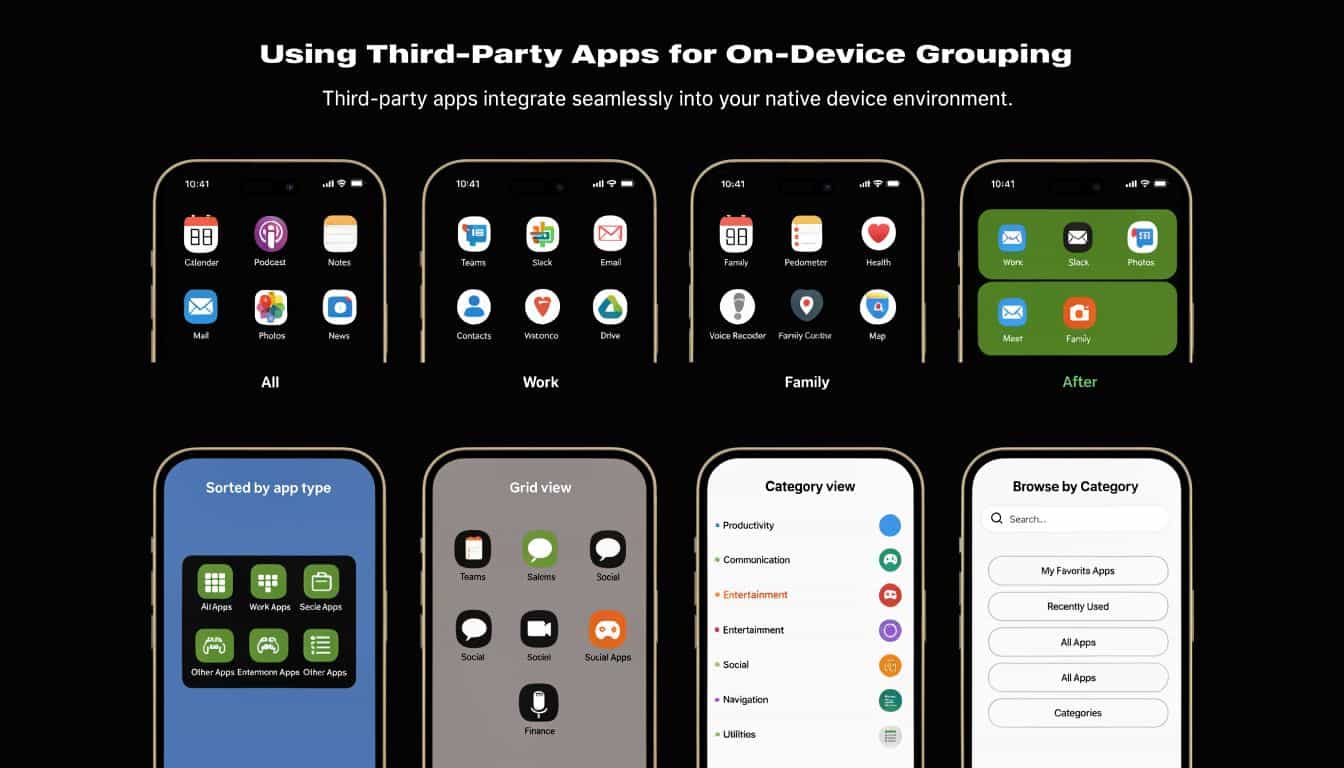 Visual display showing various methods for grouping apps on an iPhone screen using third-party software.