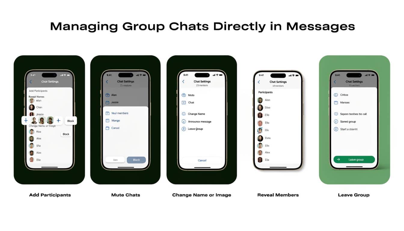 A diagram demonstrating five features for managing group chats in the Apple Messages app on iPhone.