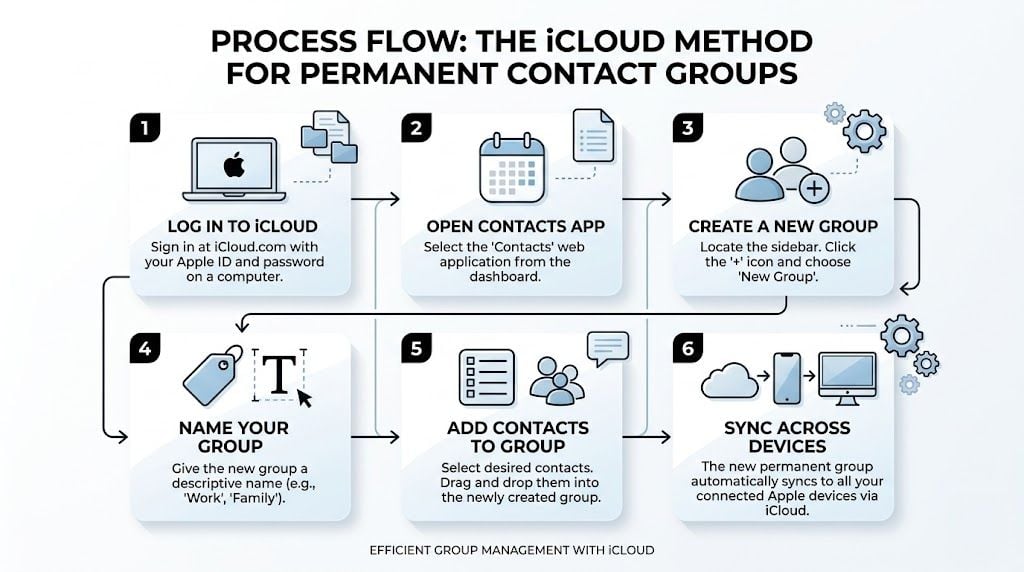 An infographic showing the step-by-step process of creating permanent contact groups using Apple iCloud services.