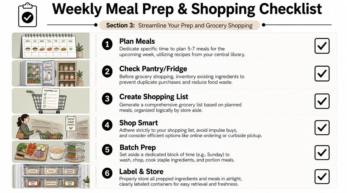 A six-step weekly meal prep and shopping checklist illustration designed to streamline kitchen organization and grocery efficiency.