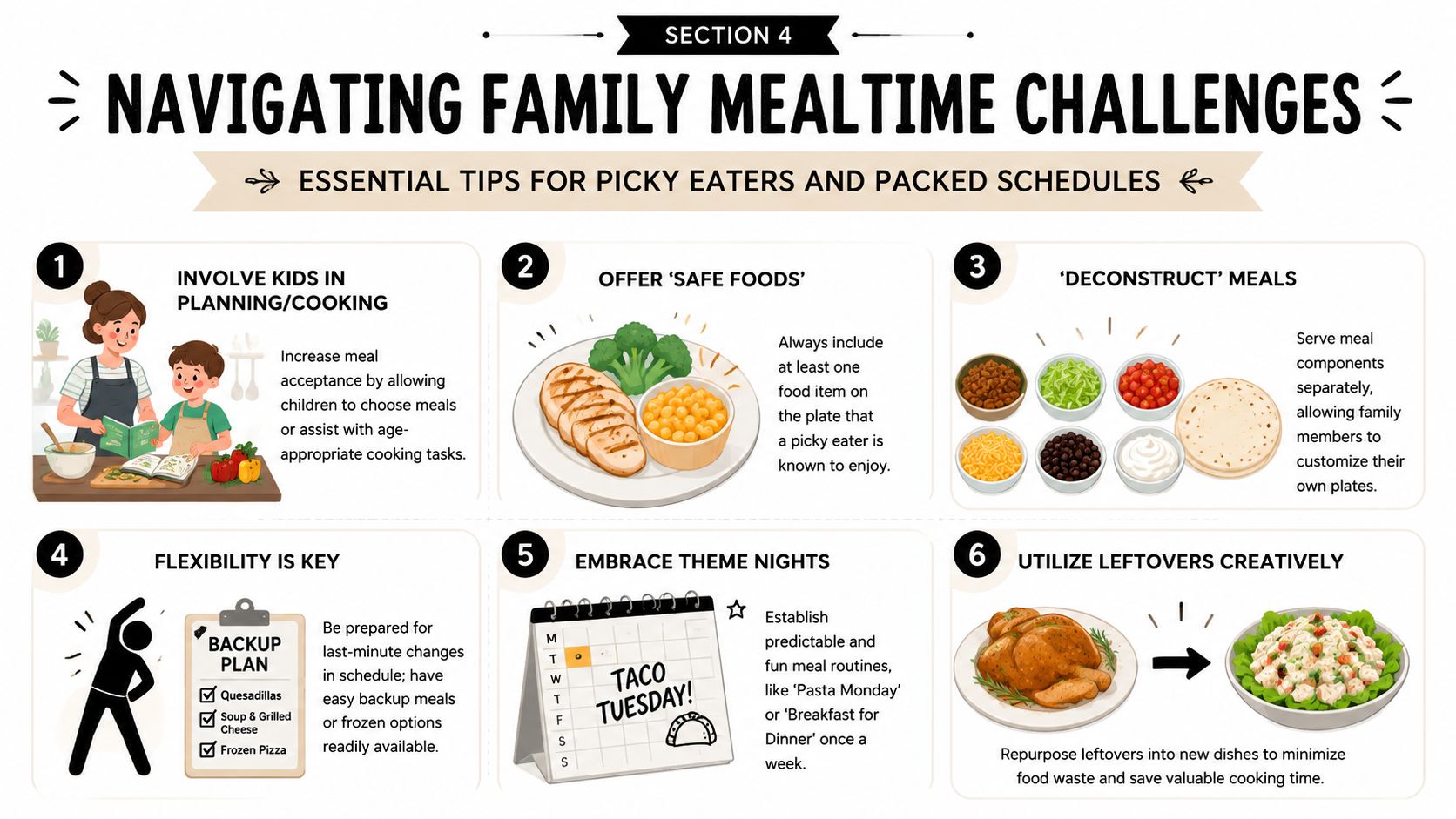 An infographic titled Navigating Family Mealtime Challenges featuring six tips for picky eaters and busy family schedules.