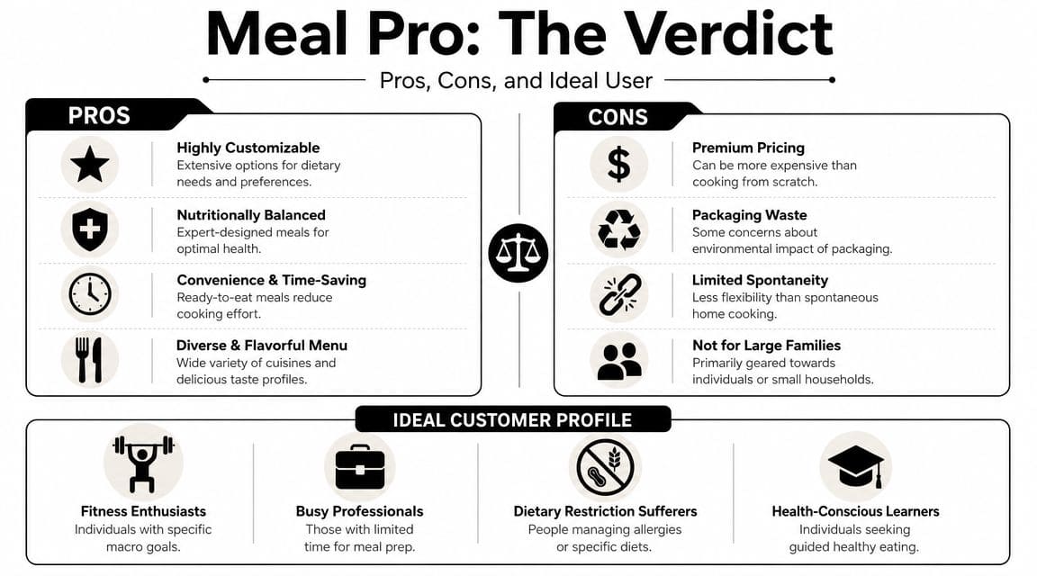 An infographic titled Meal Pro: The Verdict, outlining pros, cons, and the ideal customer profile for the service.