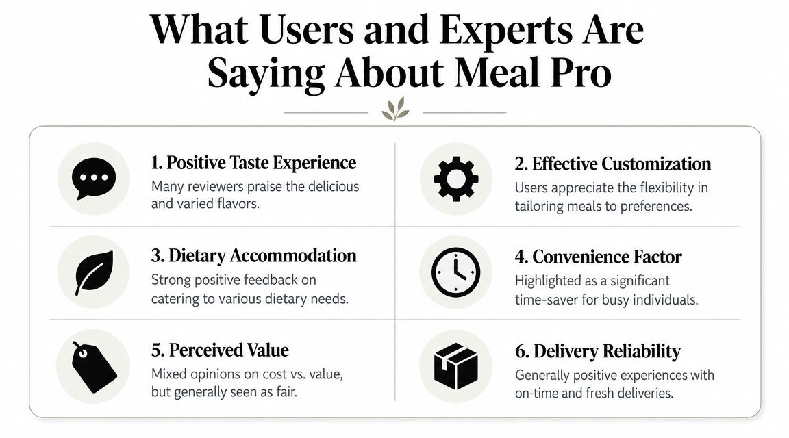 A list of six key benefits of Meal Pro service, highlighting taste, customization, dietary options, and convenience.