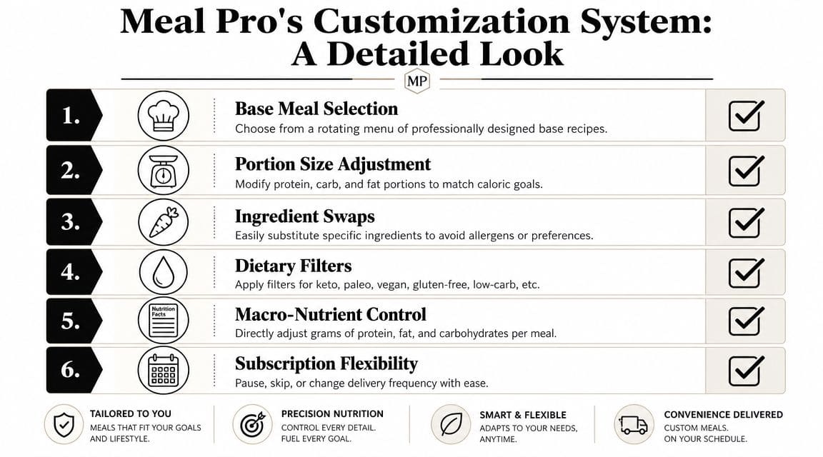 An infographic detailing the six steps of Meal Pro's customizable meal planning and nutrition delivery system.