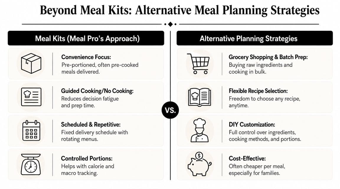 A comparison chart showing Meal Pro meal kits versus alternative meal planning strategies and cooking methods.