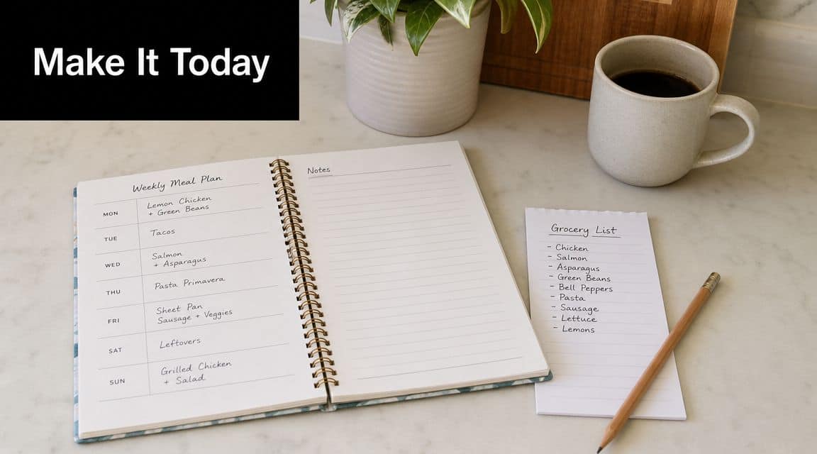 An open meal planner notebook showing a weekly menu next to a written grocery list and coffee.