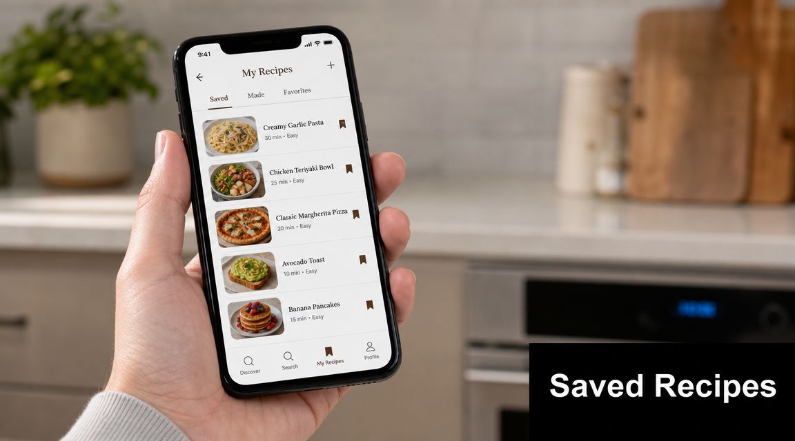 A hand holding a smartphone displaying a digital recipe app with a list of saved meals.