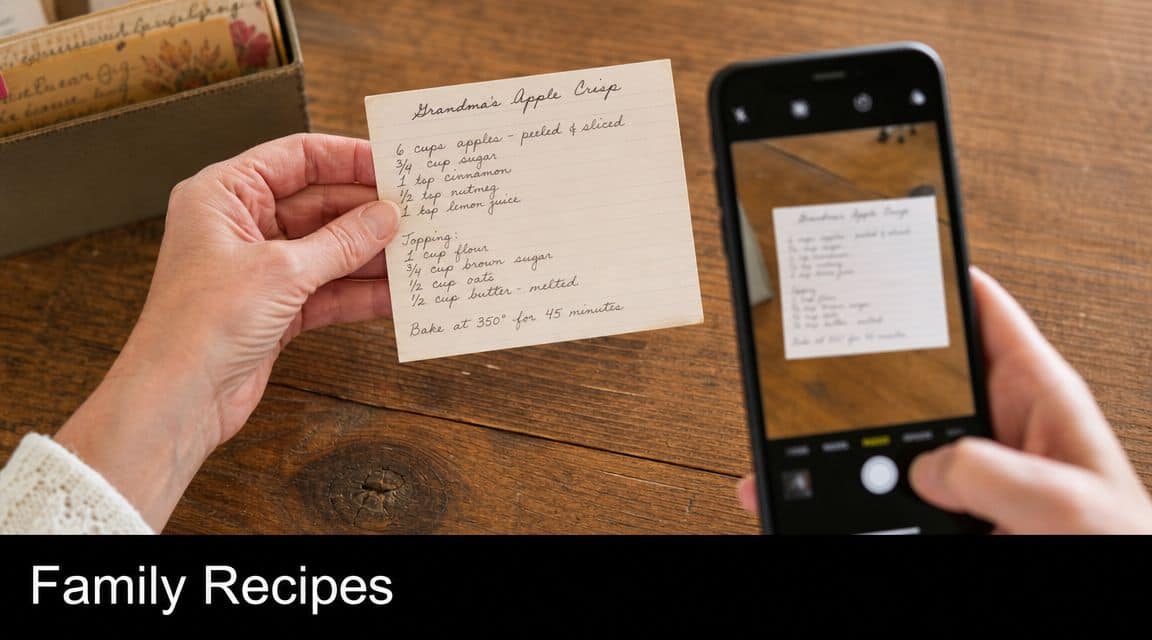 A person holds a handwritten Grandma's Apple Crisp recipe card while photographing it with a smartphone.