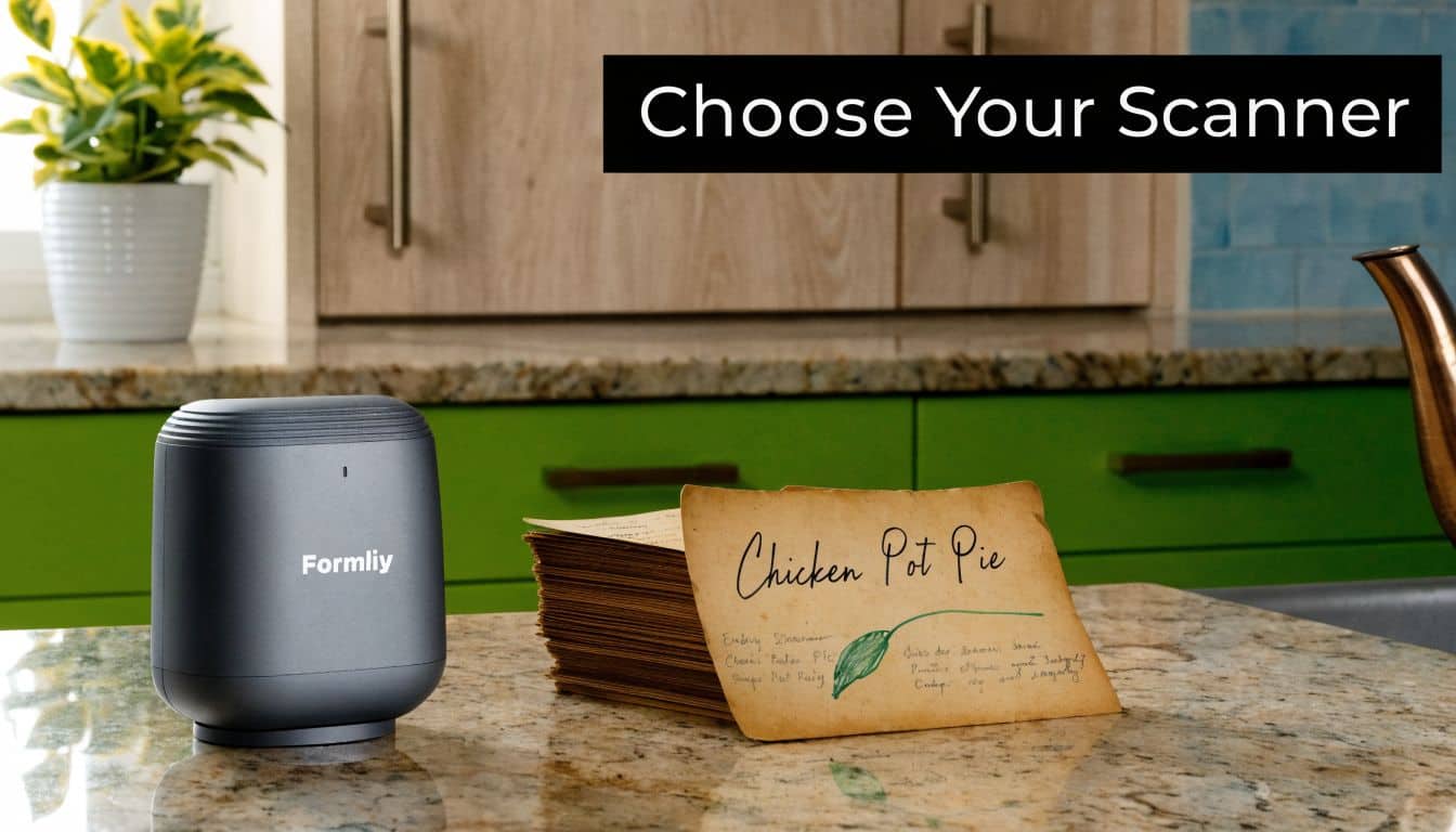 A compact Formliy scanner sitting on a marble kitchen counter next to a stack of recipe cards.