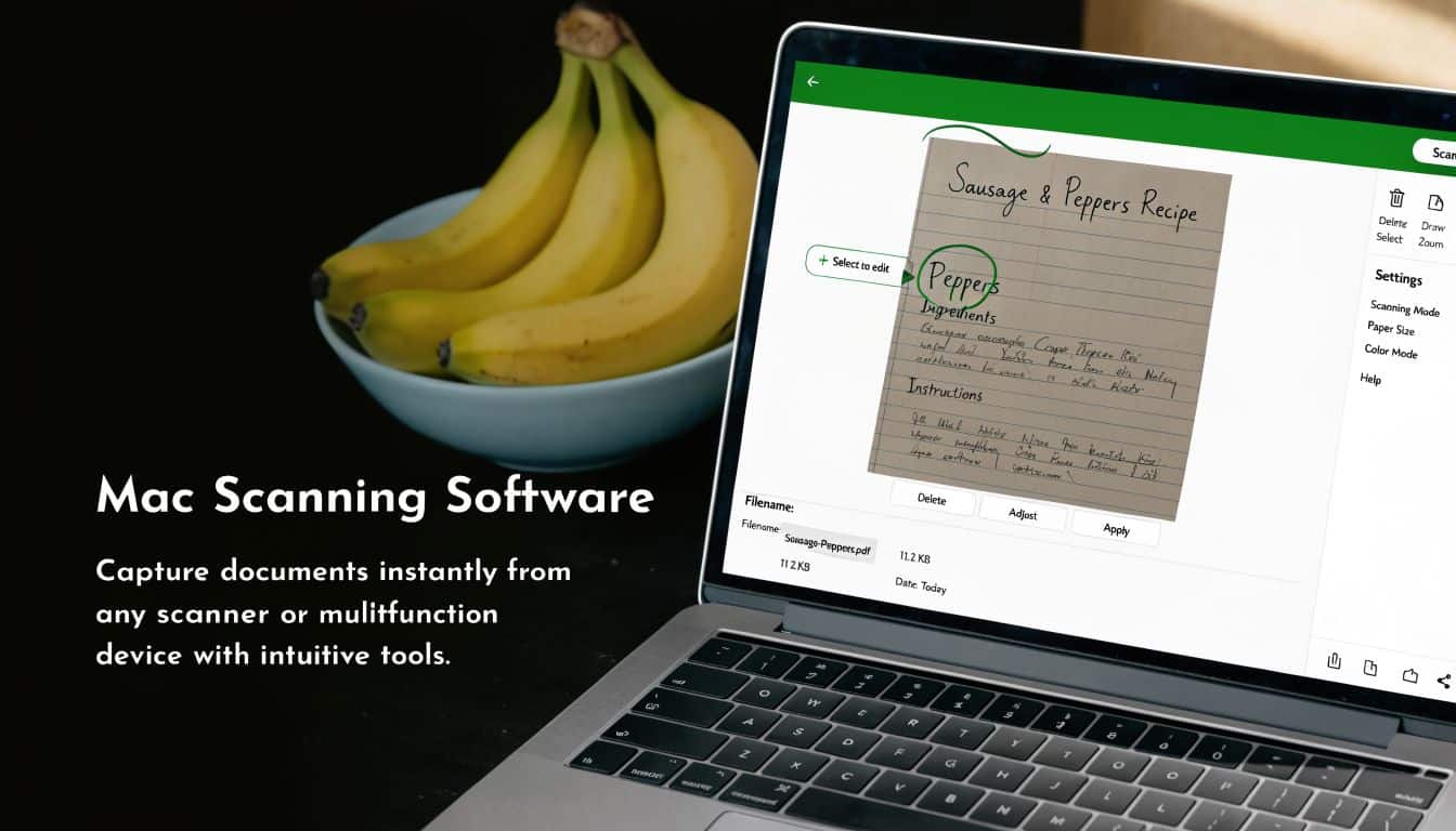 A modern laptop displaying document scanning software with a recipe image on the screen, beside a banana bowl.