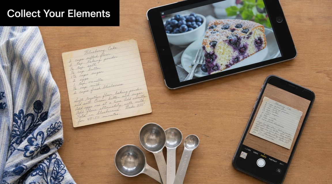 A hand-written recipe card for blueberry cake, measuring spoons, and a tablet displaying the finished dessert.