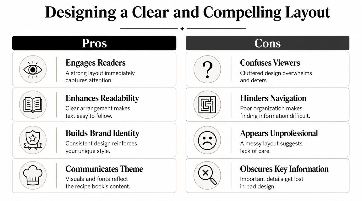 A comparison chart showing the benefits and drawbacks of designing a clear and compelling layout.