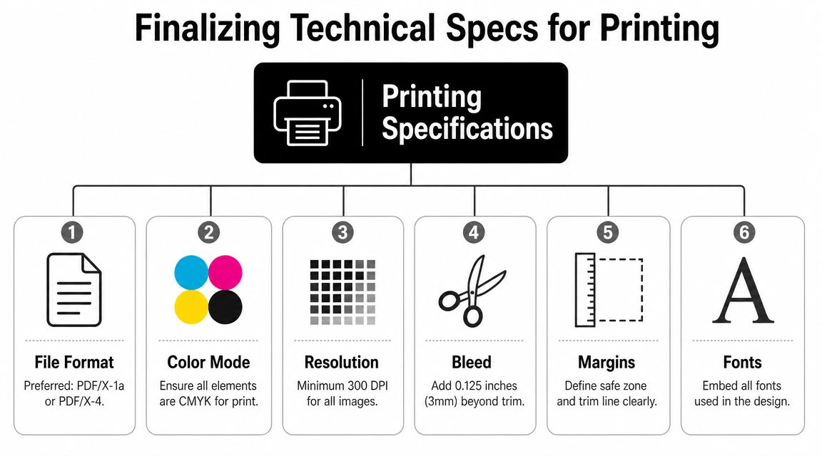 An infographic detailing six essential technical specifications for preparing print files, including file format, color, and resolution.