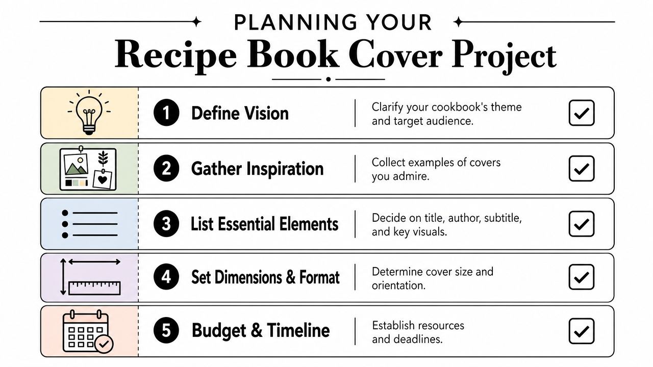 A checklist graphic for planning a recipe book cover project with five numbered steps and icons.