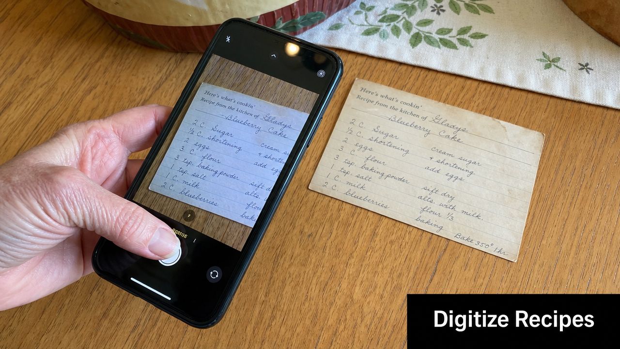 A person using a smartphone to photograph a handwritten vintage recipe card for blueberry cake.