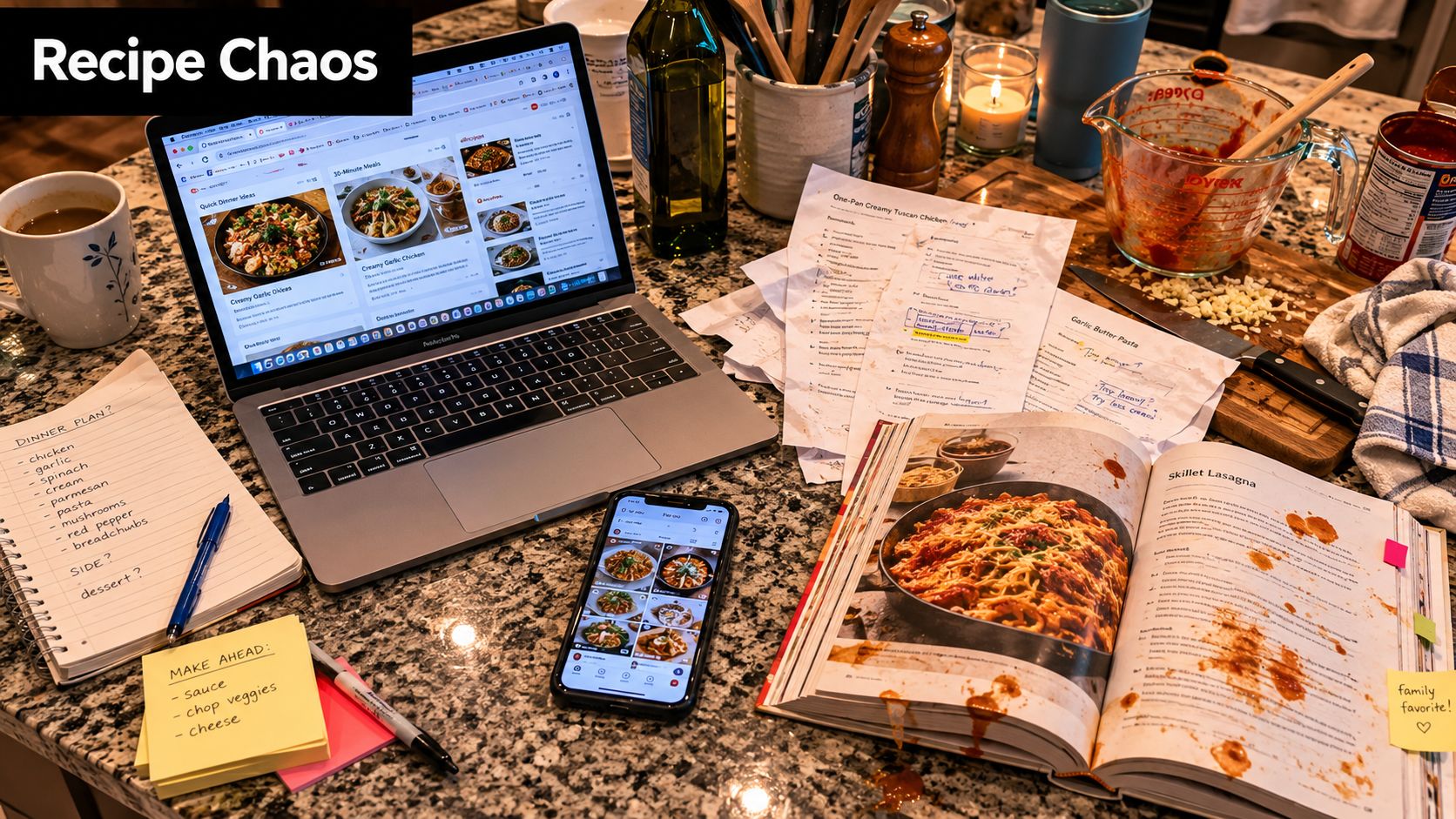 A cluttered kitchen counter with a laptop, smartphone, handwritten notes, and a cookbook for meal planning.