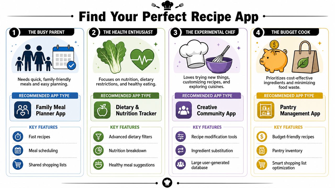 An infographic titled Find Your Perfect Recipe App showing four user profiles and their ideal app types.
