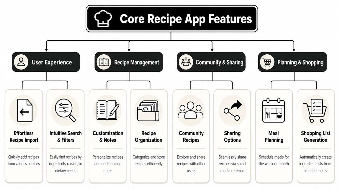 A diagram illustrating the core features of a recipe application, categorized into four main user sections.