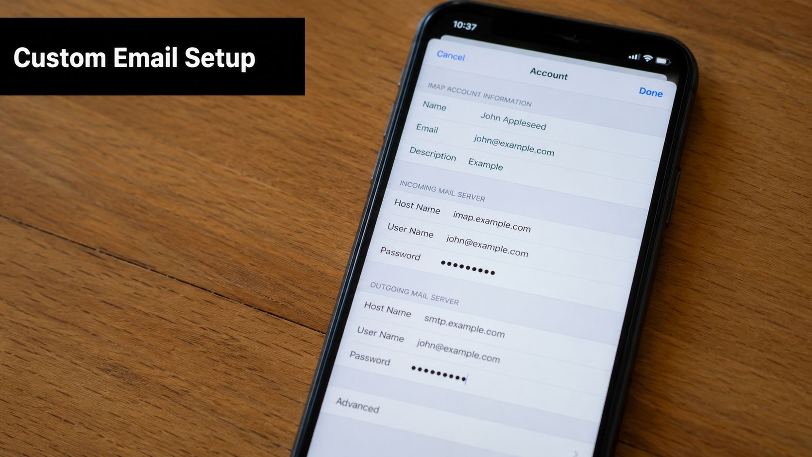 A close-up of an iPhone screen showing custom IMAP and SMTP email configuration settings.