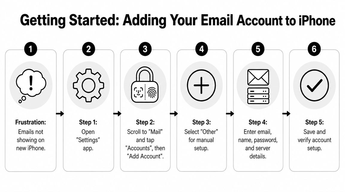 A six-step infographic illustrating how to manually add and sync an email account to an iPhone.